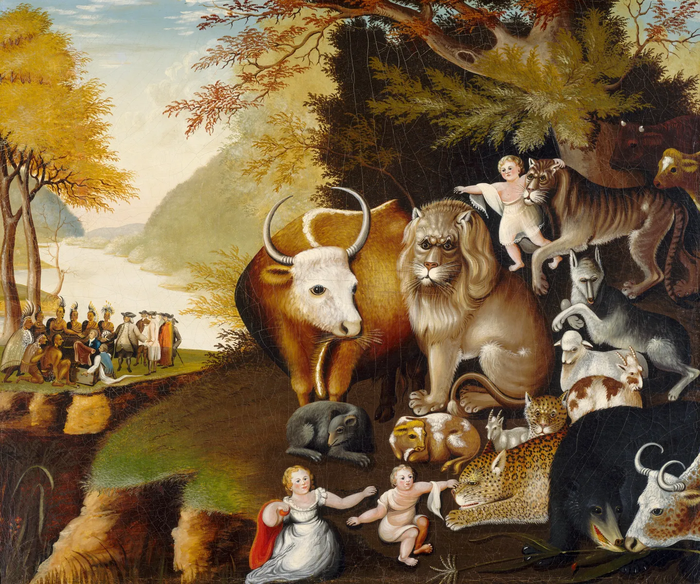 Edward Hicks American folk painting The Peaceable Kingdom showing a lion, bull, bear, and leopard resting peacefully with children, while William Penn stands in the background.